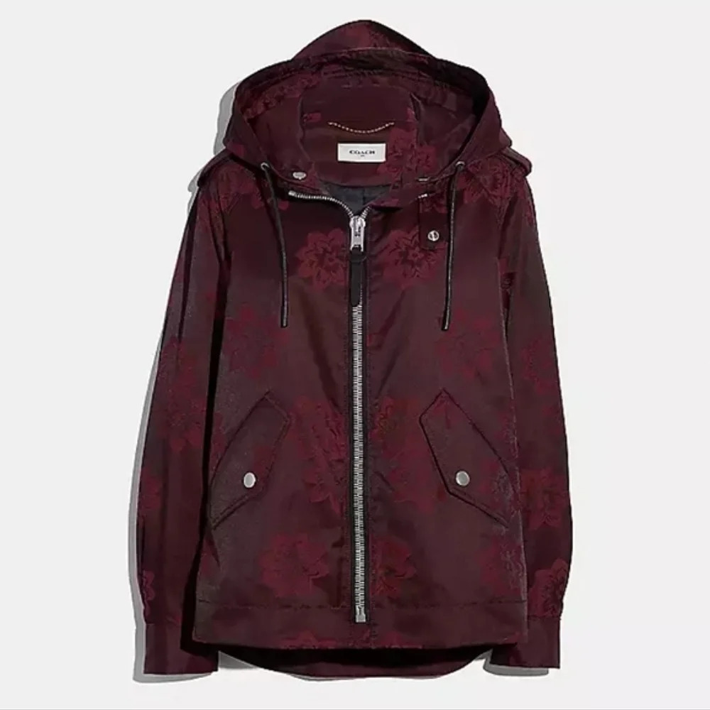 New Coach jacquard floral print leather trim parka Rain jacket size small